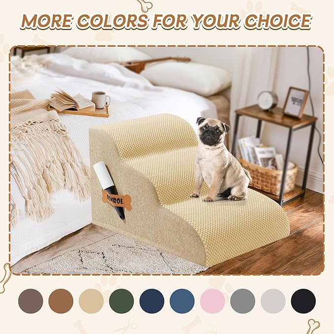 Romrol Dog Stairs Ramp for Beds Couches, Extra Wide Pet Steps with Durable Non-Slip Waterproof Fabric Cover, Dog Slope Stairs for Small Dogs and Cats or Pets Friendly, 3-Tiers, 13 Inch,Beige