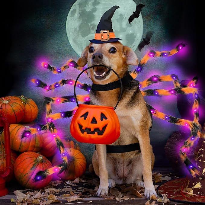 OurWarm Dog Halloween Costumes for Pets 64 LED Furry Giant Dog Spider Costume Funny Dogs Costumes for Medium Large Dogs Halloween Party Decor Puppy Pets Outfits Cosplay