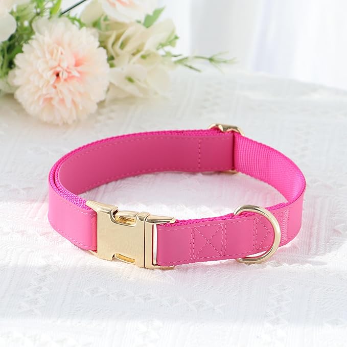 PET ARTIST Soft PU Leather Dog Collar, Bright & Stylish Hot Pink Dog Collar Girl with Quick Release Rose Metal Buckle, Nylon Padded Durable Pet Collars Adjustable for Large Dogs, Neck Fit 16-27"