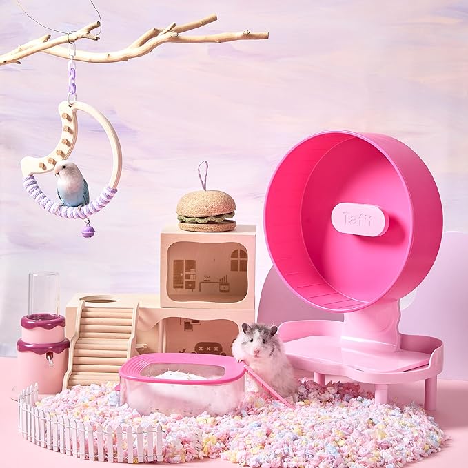 Silent Hamster Wheel 8.7 Inch Dual-Bearings Small Animals Quiet Running Exercise Wheels, Height Adjustable for Dwarf Hamsters, Gerbils, Mice, Hedgehog, or Other Small Pets,Raspberry Pink
