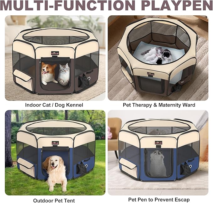 Aivituvin Dog Playpen Foldable Waterproof Pet Play Pens for Cat, Puppies, Rabbits, Chickens, Durable Portable Pet Tent for Travel Camping Indoor/Outdoor Brown XL