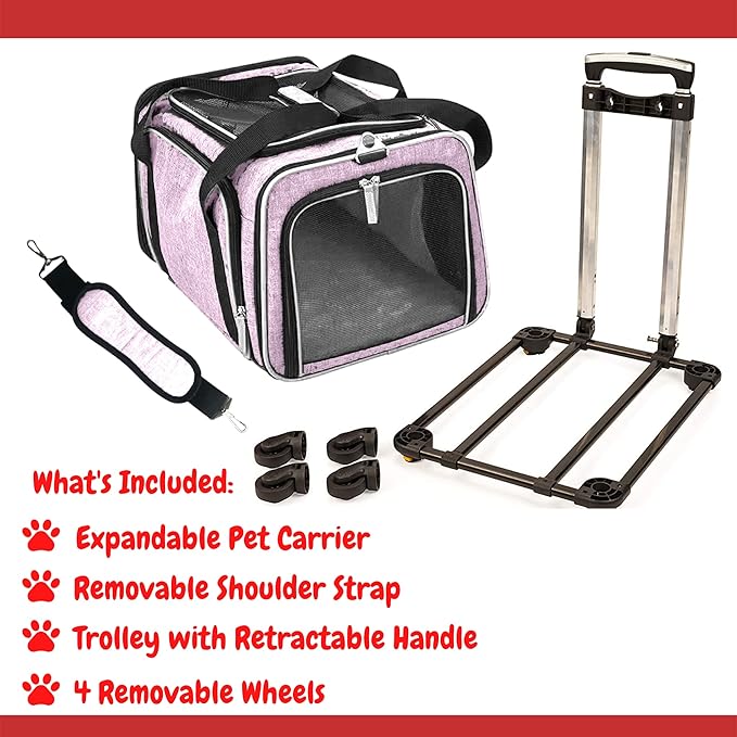 Airline Approved Expandable Premium Pet Carrier on Wheels- Two Sided Rolling Carrier- Designed for Dogs & Cats- Extra Spacious Soft Lined Carrier! - Pink (RL-PET-CARRIER-WHEELS)