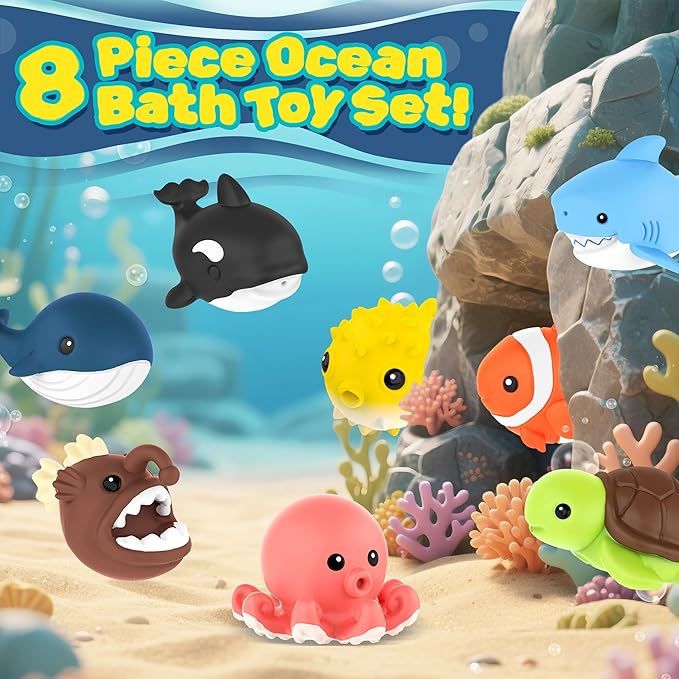 8 PCS Ocean Animal Bath Toys Mold Free Infant Bath Tub Toys for 12 Months - No Hole Bathtub Toys for Toddlers 1-3 Water Pool Toys for Baby Toddler Ages 1+
