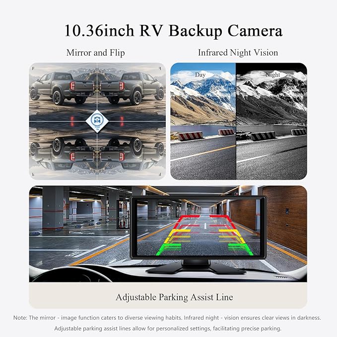 RV Backup Camera with Carplay Android Auto for RV Horse Trailer Semi Box Truck,1080P HD 4 Splits 10.36" Touch Monitor Rear/Side Backup Cameras with Mirror Link FM Waterproof Night Vision DVR Recording