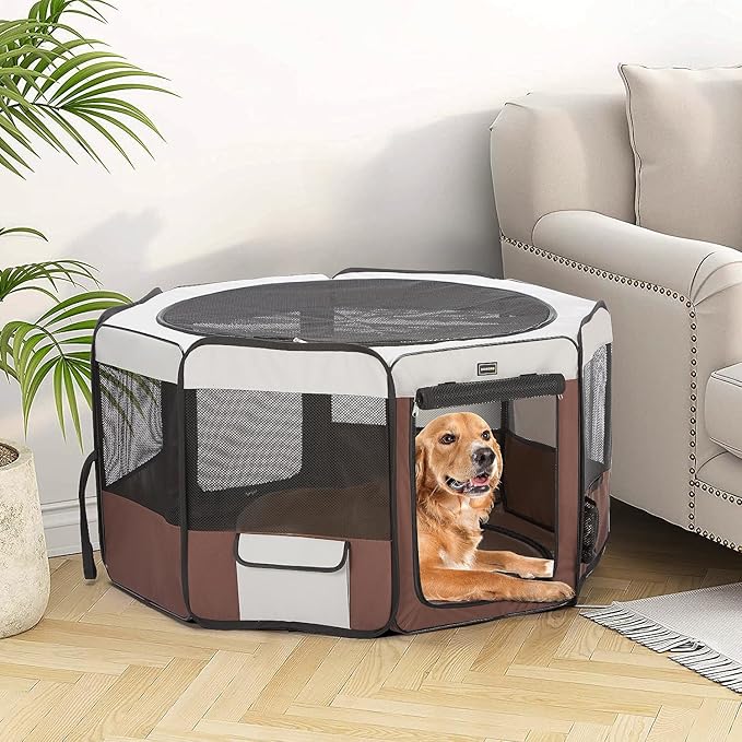 DONORO Dog Playpen Portable Pet Play Pens for Small Dog/Cat/Rabbit/Chicks, Cat Playpen Indoor/Outdoor with Carring Case, Removable Zipper Top and Bottom (Brown, Medium (35"x35"x20"), 8)