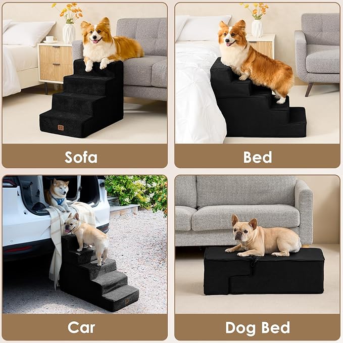 EHEYCIGA Dog Stairs for High Bed 22.5" H, 5-Step Dog Steps for Bed, Pet Steps for Small Dogs and Cats, Non-Slip Balanced Pet Ramp Indoor, Black
