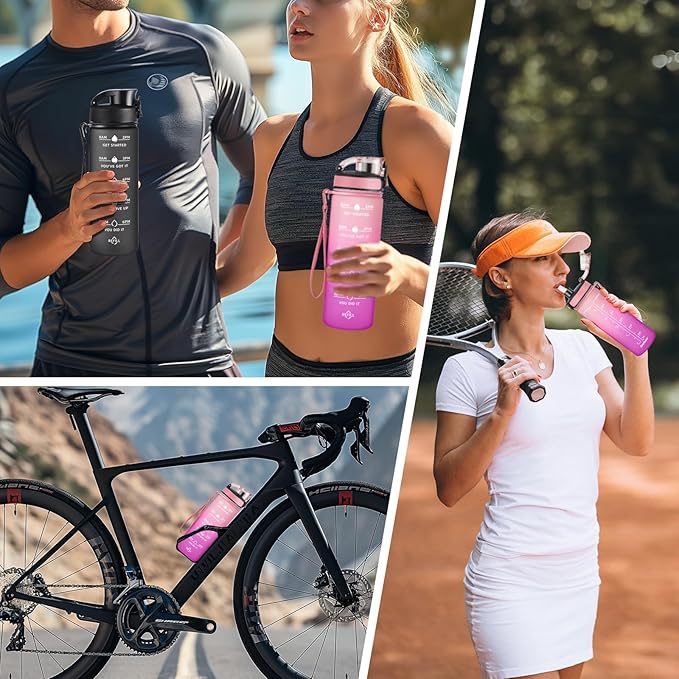 Enerbone Water Bottle, Leakproof BPA & Toxic Free, Motivational Water Bottle with Times to Drink and Straw, Fitness Sports Water Bottle with Strap for Office, Gym, Outdoor Sports