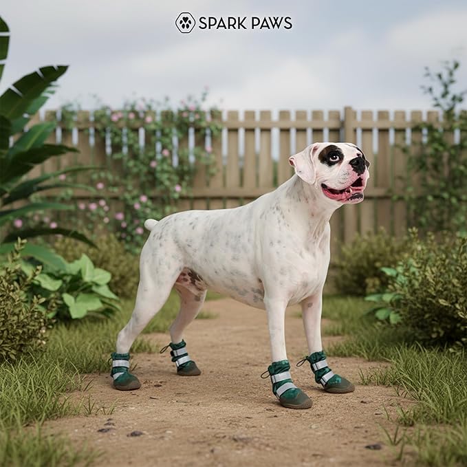 Spark Paws Dog Shoes, Waterproof Dog Boots for Medium to Large Dogs, Non Slip, Breathable Dog Booties and Paw Protectors - 4PCS Doggie Hiking Boots with Reflective Straps, Green Camo, Size 8
