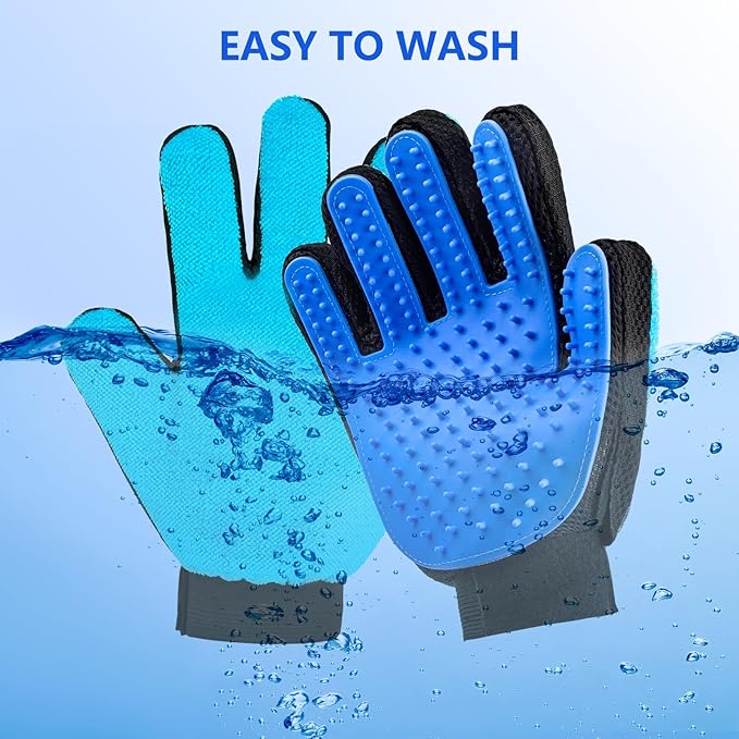 2 in 1 Cat Grooming Glove, Double-Sided Use Pet Hair Remover Glove, 1 Side is Gentle Grooming for Dogs, Cats, the Other is Effective Hair Remover for Furniture, Clothing (Light Blue, Right-Hand)