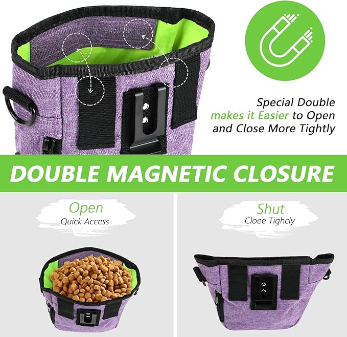 Dog Treat Pouches for Pet Training with Magnetic Closure Treat Pouches for Pet Training,Large Dog Treat Training Pouch and Dog Clicker,Training Treat Pouch Built-In Poop Bag Dispenser-Purple.