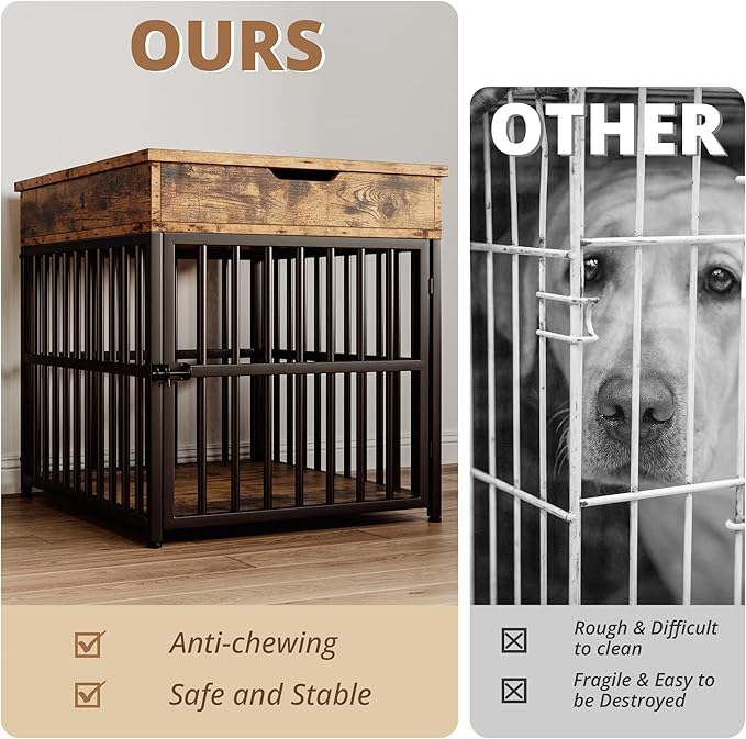 IRONCK Dog Crate Furniture for Small Dogs, Wooden Dog Kennel with Flip Top Drawer, Indoor Pet Crate End Table with Charging Station, Steel-Tube Dog Cage, Rustic Brown