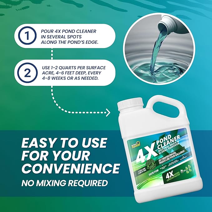 1 Gallon 4X Pond Cleaner - Treats Like 4 Gallons & Covers 4 Acres - Pond Cleaner for Outdoor Ponds, Pond Muck and Sludge Remover for a Clean, Natural Look, Ideal Pond Clarifier for Outdoor Ponds
