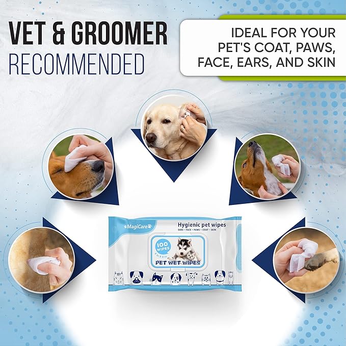 MAGICARE Pet Wipes – 100 pcs Dog Wipes – 8x8 Inch Unscented Dog Paw Cleaner Wipes for Body, Ears, Face, and Skin – Ultra Thick and Soft with Hypoallergenic Formula – Ideal Pet Wipes for Dogs & Cats