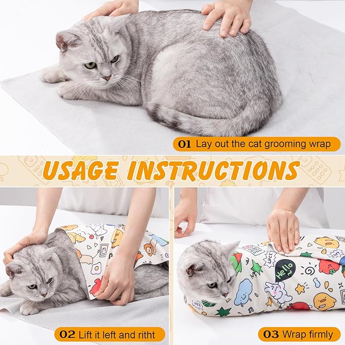 27.6" Cat Wrap for Cutting Nails, Self-Adhesive Cat Grooming Wrap Anti-Escape Cat Restraint for Nail Clipping Cat Swaddle Wrap Cat Wrapping Cloth for Pet Cleaning and Beauty (Within 15lbs)