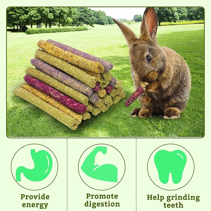 Fhiny 68 PCS Rabbit Chew Sticks, Natural Petals Timothy Hay Sticks Guinea Pig Chewing Toys for Teeth Small Animals Molar Snacks for Bunny Guinea Pig Chinchilla Hamster