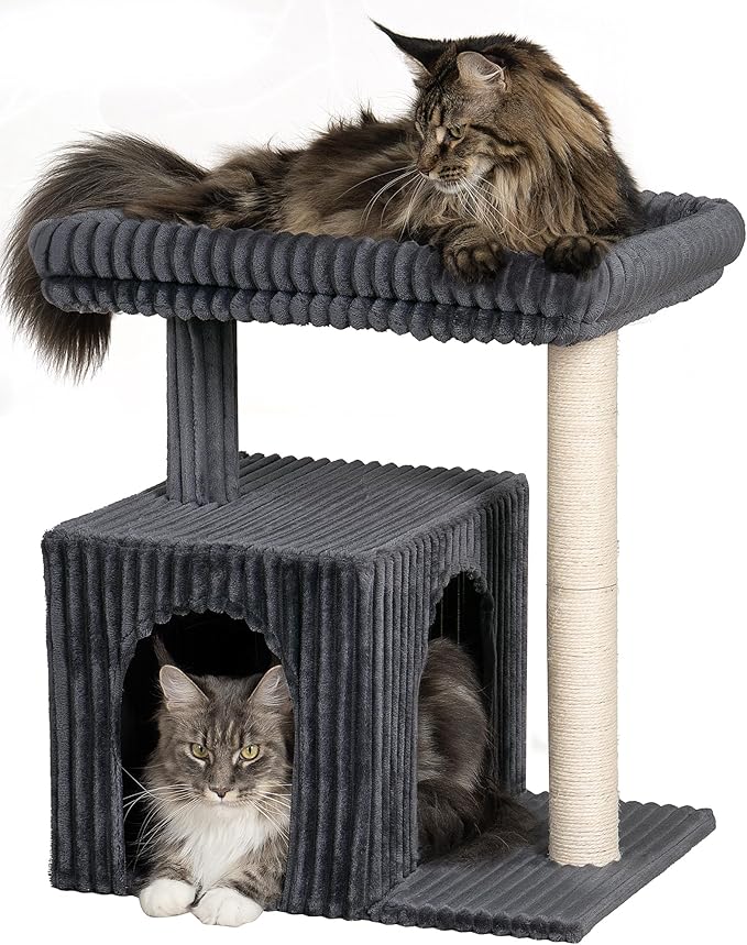 Cat Tree for Large Cat, 22.8” Cat Tower with Scratching Post, 20.9 * 15.7in Perch Bed for Adult Cats, Cat Condo with 2 Caves for Indoor Cats, Dark Gray