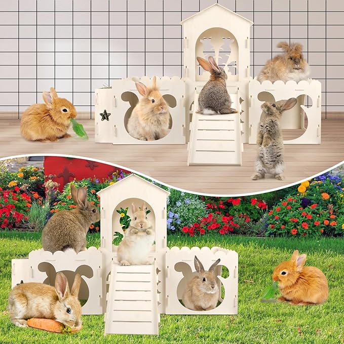 Large Rabbit Hideout Bunny Castle, Wooden Bunny House & Hay Feeder, Detachable Rabbit Hideaway, Indoor Rabbit Castle with Ramp, Small Animal Houses & Habitats
