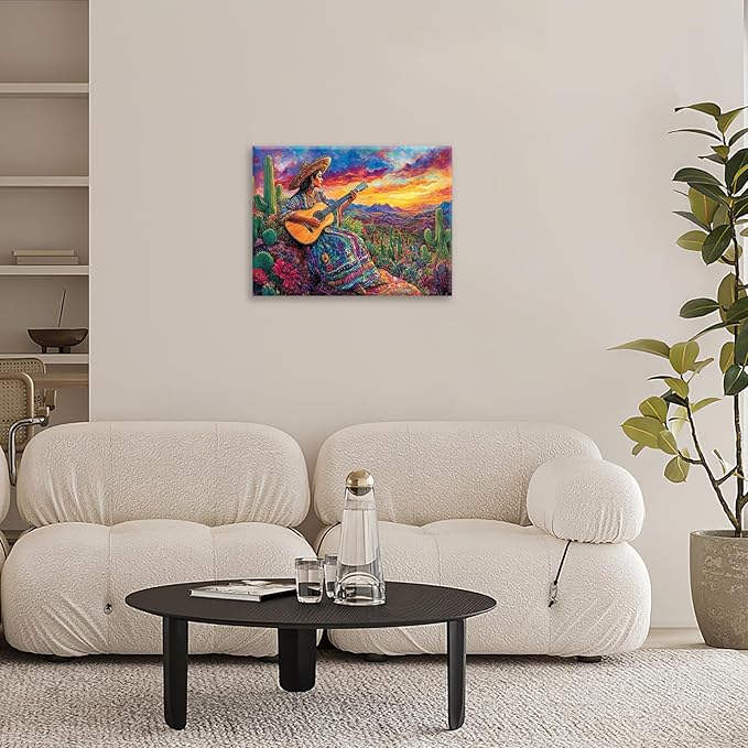 Mexican Women Pictures Wall Art, Cactus Landscape Bathroom Wall Decor, Nature Scenery Aesthetics Framed Painting Desert Modern Canvas Artwork for Bathroom Bedroom Living Room Decorations 20"L x 16"W