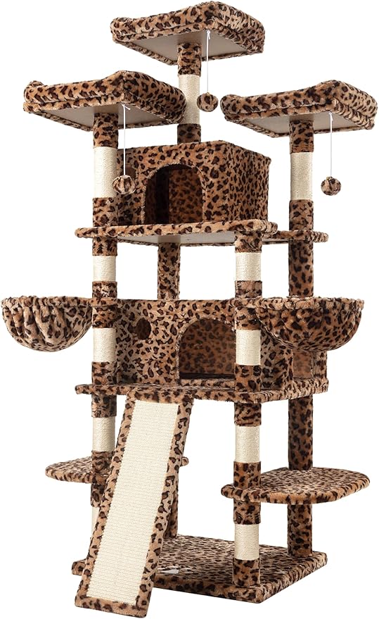 Allewie 68 Inches Cat Tree/House and Towers for Big Feline/Scratching Post/Multi-Level Large Kitty Climbing Tree with Condo/Leopard Print