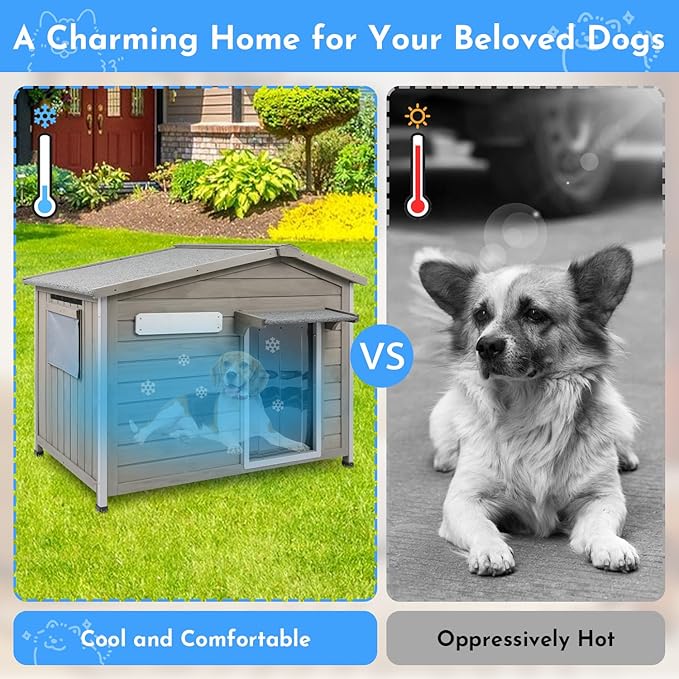 Outdoor Dog House Weatherproof Large Wooden Dog Kennel Indoor for Small Dogs with Chew-Proof Frame, Oxford Fabric Window, Removable Floor Pet Shelter (Grey, 40.1" D x 26.4" W x 28" H)