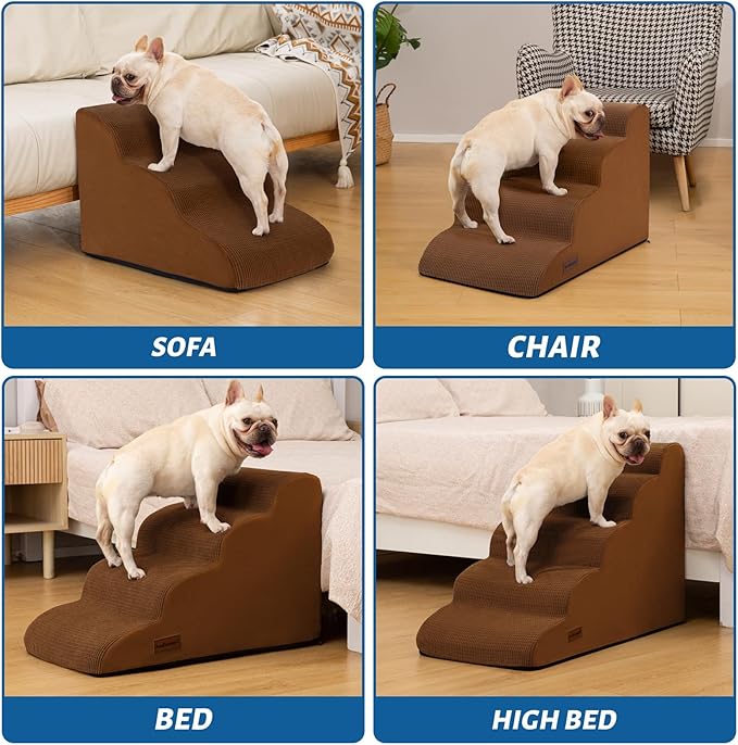 5-Step Dog Stairs and Ramp for High Bed,Non-Slip Sturdy Pet Steps for Small Dogs and Cats,22.2" H,Brown