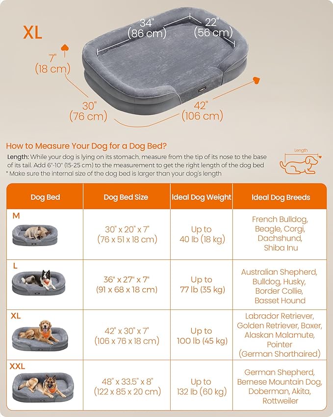 Feandrea Dog Bed, Large Orthopaedic Dog Sofa Bed, 42 x 30 x 7 Inches, Egg Crate Foam, Waterproof Liner, Raised Edges, Removable and Machine Washable Cover, Non-Slip, Light Gray UPGW283G01