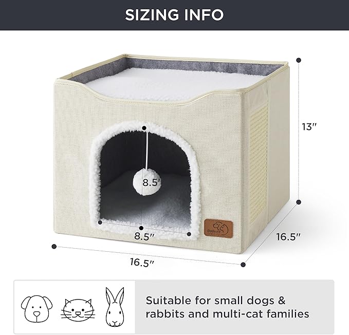 Bedsure Cat Beds for Indoor Cats - Large Cat Cave for Pet Cat House with Fluffy Ball Hanging and Scratch Pad, Foldable Cat Hideaway, 16.5x16.5x13 inches, Ivory