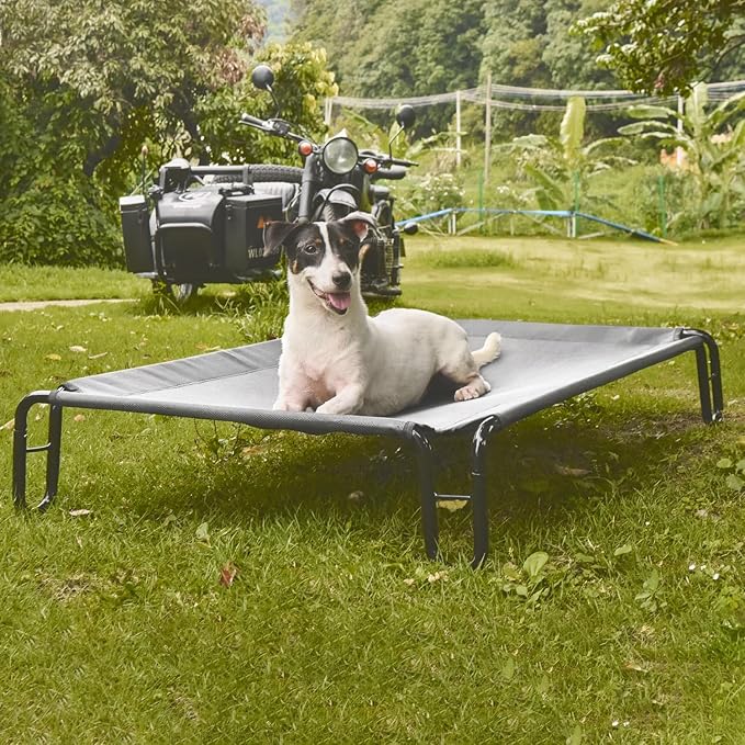 Pettycare Elevated Outdoor Dog Bed - Waterproof Cot for Small Dogs, Easy to Assemble, Cooling With Teslin Mesh, Durable, Non-Slip, Up to 35 lbs, Grey