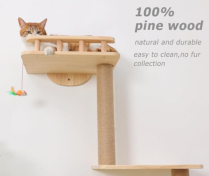 Cat Tree Wall Mounted with 4 Levels Shelves, 73" Wood Corner Tower Inside Kitten Scratching Post for Climbing,Perching and Lounging (Right to Left)