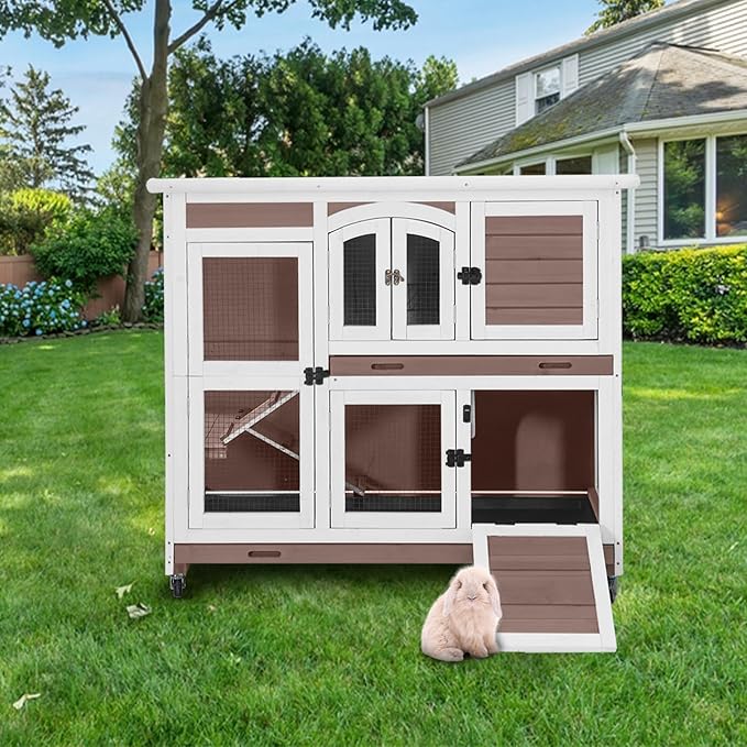 Aivituvin Rabbit Hutch Indoor, Bunny Cage with Wheels, 2-Story Design, 2 Deep Trays, Anti Slip Ramp, Ideal for Small Animals - Brown