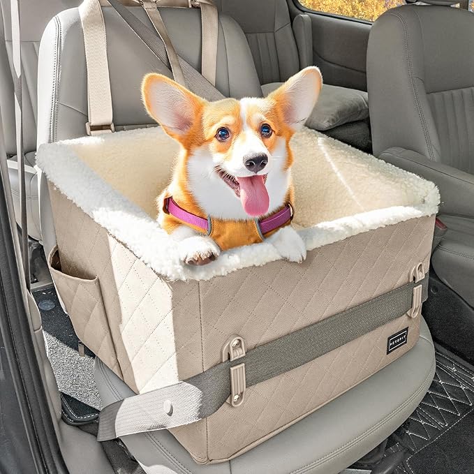 PETSFIT Small Dog Booster Car Seat, Soft Foam Puppy Carseat with Patented Safety Buckles, Storage Pockets and Detachable Clip-On Safety Leash, Dog Car Booster Seat for Medium Pet Under 30 LBS (Khaki)