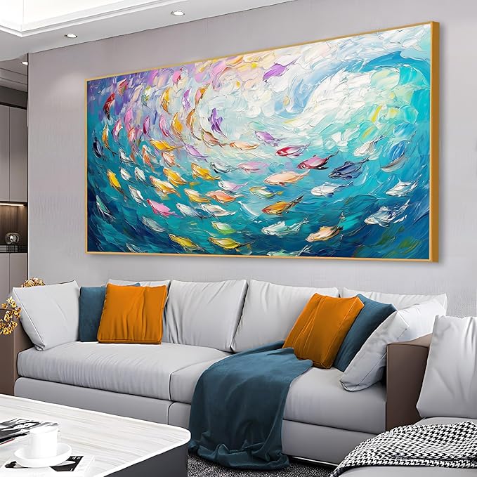 Fish Canvas Wall Art, Abstract School of Fish Canvas Wall Art, Ocean Picture Print, Sea Life Print Decor, Nautical Painting, Living Room, Bedroom, Bathroom Decor (Black Framed, 36"x20" | 92x52cm)
