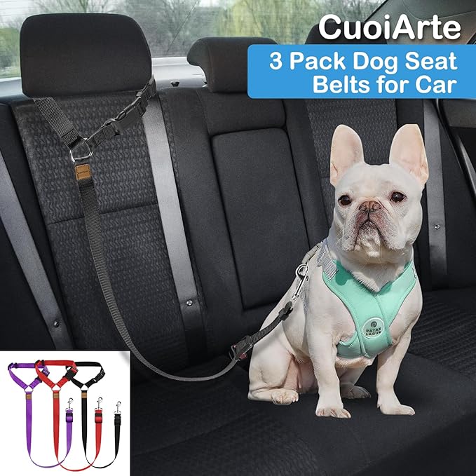 3 Pack Dog Seat Belt for Car, Car Headrest Restraint Adjustable Nylon Fabric, Dog Restraints Vehicle Seatbelts Harness (Black & Red & Purple)