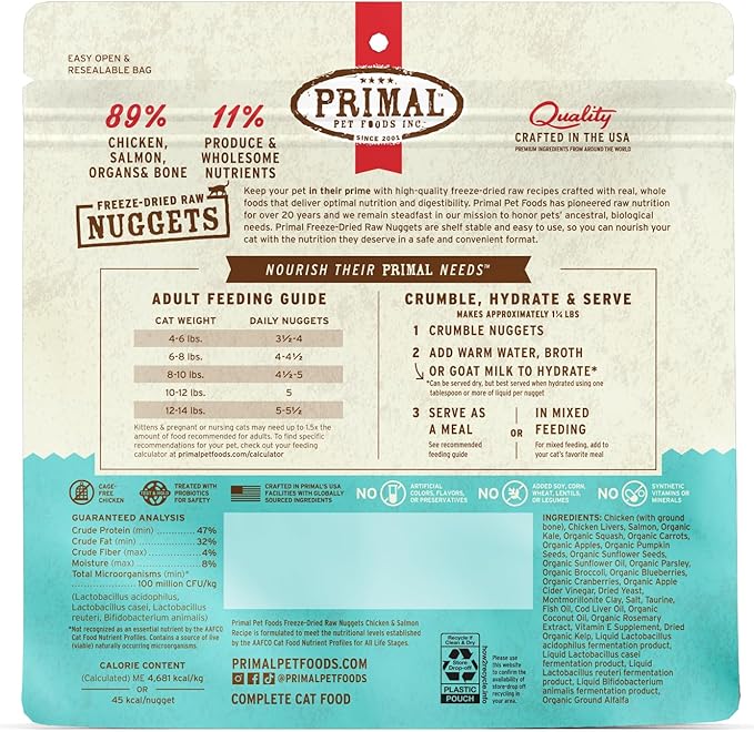 Primal Freeze Dried Raw Cat Food Nuggets Chicken & Salmon, Complete & Balanced Meal or Topper, Premium, Healthy, Grain Free, High Protein Raw Cat Food with Probiotics (5.5 oz)