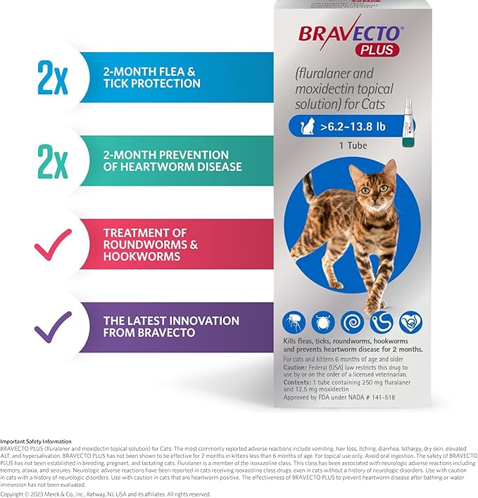 BRAVECTO PLUS Topical Solution for Cats, Flea, Tick & Heartworm, 2 Months Supply, 6.2-13.8 lbs., Blue Box