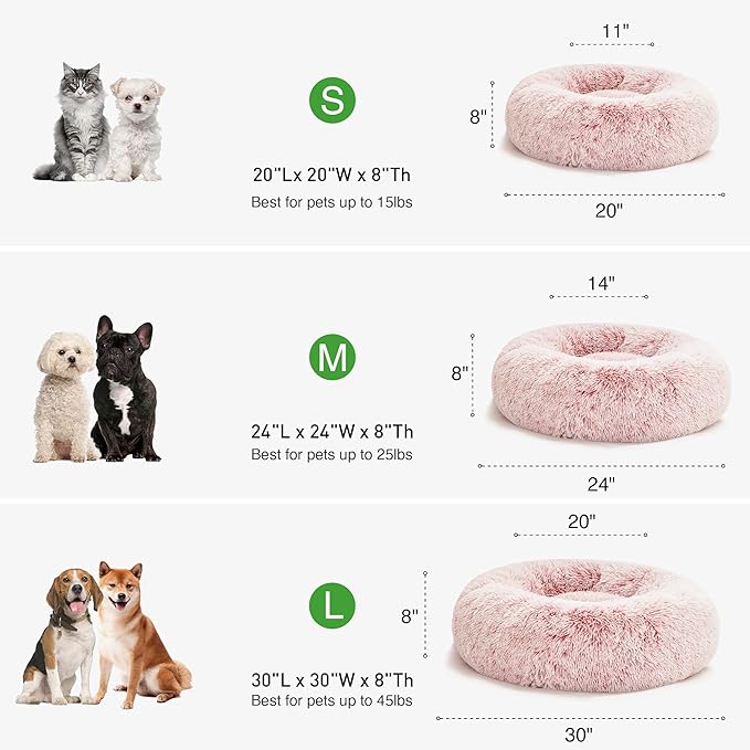 Love's cabin Calming Cat Bed for Indoor Cats, Anti-Anxiety Donut Round Dog Bed, Fluffy Faux Fur Washable Pet Bed for Small Medium Dogs and Cats,Pink,20in