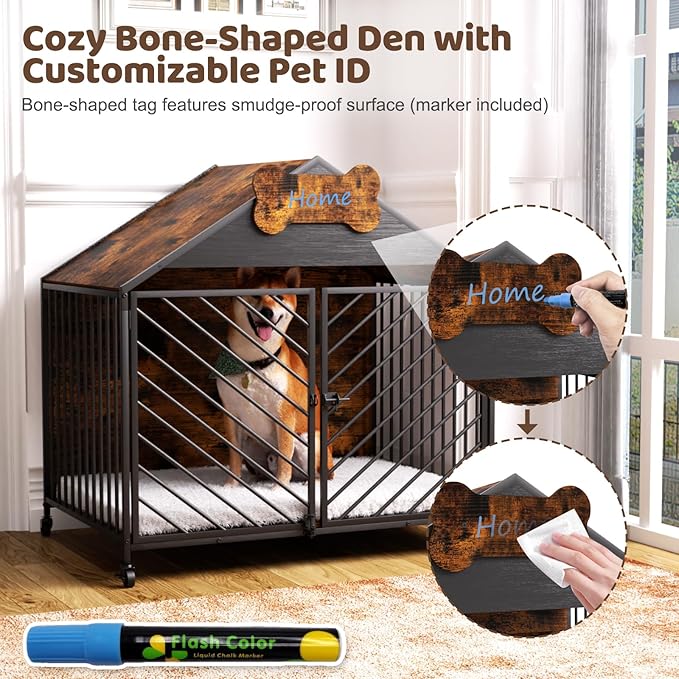 Furniture-Style Dog Crate with Gable Roof Design, Double Locking Doors Indoor Kennel for Small & Medium Dogs, Chew-Proof Escape-Proof Dog Cage, Rustic Brown