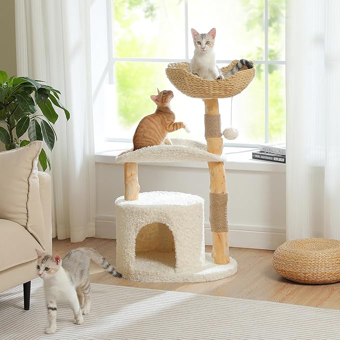 PAWZ Road Cat Tree for Indoor Cats Large Adults,38 Inches Modern Cat Tree Tower with Spacious Wicker Basket,Natural Solid Wood Scratching Posts,Curved Bed,Luxury Cat Condo for Large Cat
