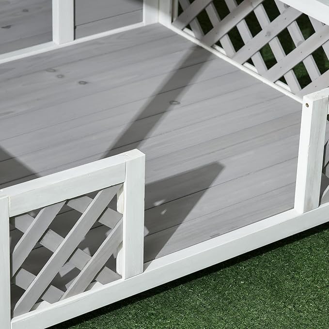 PawHut Wooden Dog House Outdoor with Porch, Cabin Style Raised Dog Shelter with Asphalt Roof, Doors, and Shutter Window, for Medium Large Sized Dog, Light Gray