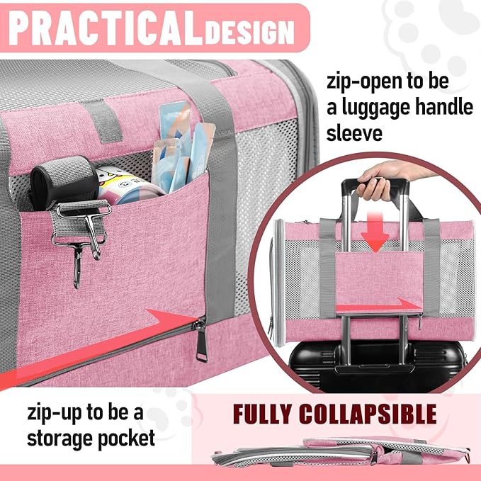 Cat Carrier 20lbs Top Open/Soft Sided Small Pet Dog Travel Carrying Crate/Collapsible Puppy Transport Carry Bag/Sturdy Pet Cages Chihuahuas Mini Dog 10lbs Pink