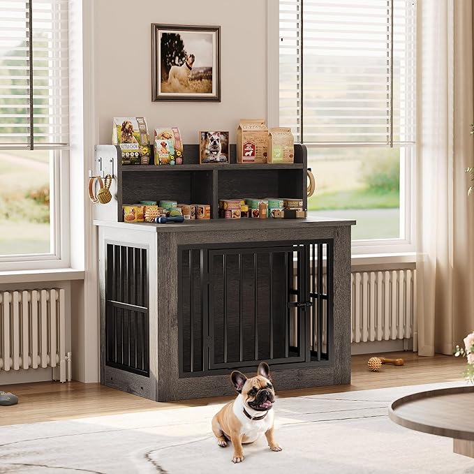 IRONCK Dog Crate Furniture, 33.4 inches Wooden Small Dog Crate with Storage and 4 Hooks, Heavy Duty Pet Crate for Small Dog, Decorative Pet Cage for Indoor (22" L x 33.4" W x 37.4" H)