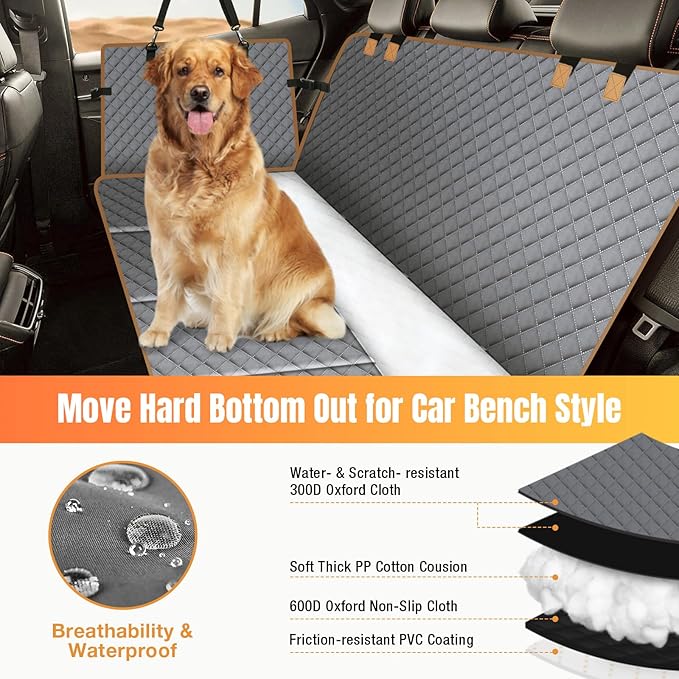 Dog Car Seat Cover for Back Seat, Dog Car Bed Cover with Strong Hard Bottom, Back Seat Extender Hammock for SUV Truck,4 Panels Gray Color