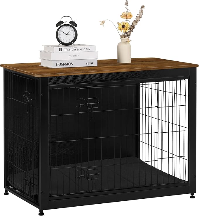 DWANTON Dog Crate Furniture with Cushion, Wooden Kennel Table with Double Doors, Indoor Dog House, Large Size, 38.5" L, Black+Warm Brown