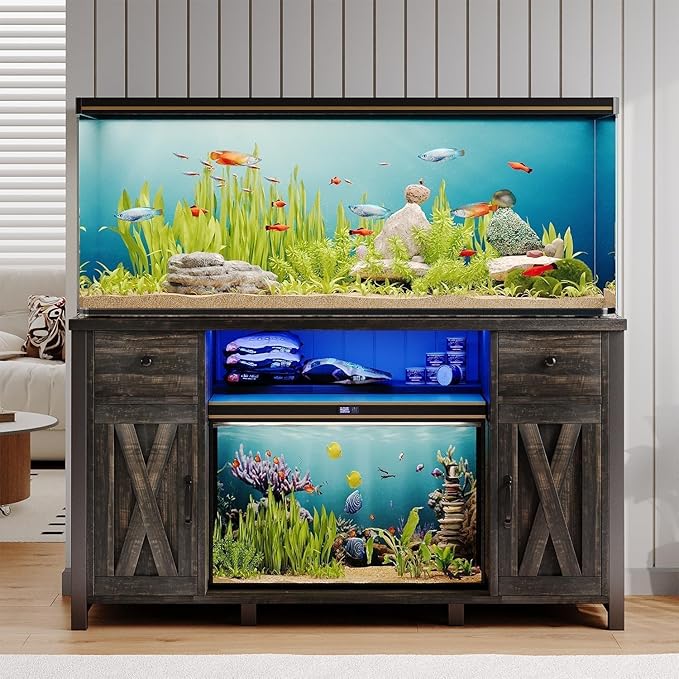 75 Gallon Fish Tank Stand with LED Light & Power Outlets, 55-75 Gallon Heavy Duty Metal Aquarium Stand with Drawers & Barn Doors, Cabinet for 2 Fish Tank Accessories Storage, Dark Oak