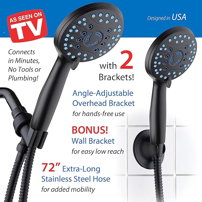 AquaCare High Pressure 8-mode Handheld Shower Head - Anti-clog Nozzles, Built-in Power Wash to Clean Tub, Tile & Pets, Extra Long 6 ft. Stainless Steel Hose, Wall & Overhead Brackets