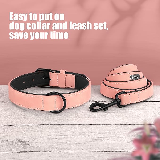 Didog Soft Padded Leather Dog Collar and Leash Set,Pink Breathable Pet Collars with 4FT PU Leather Dog Leash for Small Medium Large Dogs, Pink, M