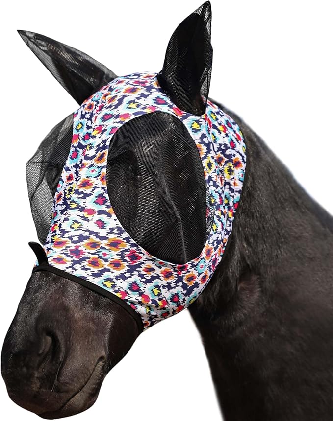 Harrison Howard Super Comfort Stretchy Fly Mask Large Eye Space with UV Protection Soft on Skin with Breathability Geo Feather S