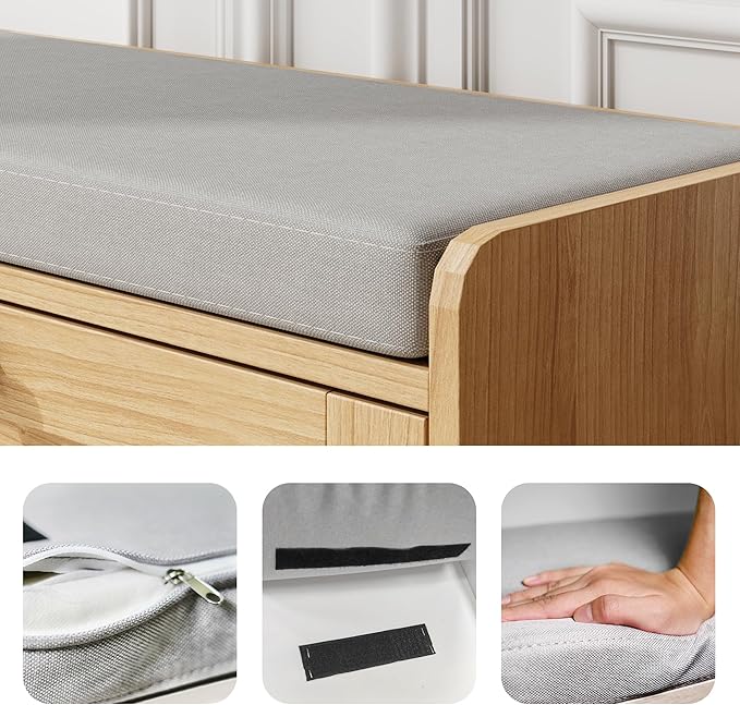 MHOM Oak Modern Entryway Bench with 2 Flip Drawers, Shoe Rack with Padded Seat Cushion, Wooden Storage Bench for Bedroom and Apartment