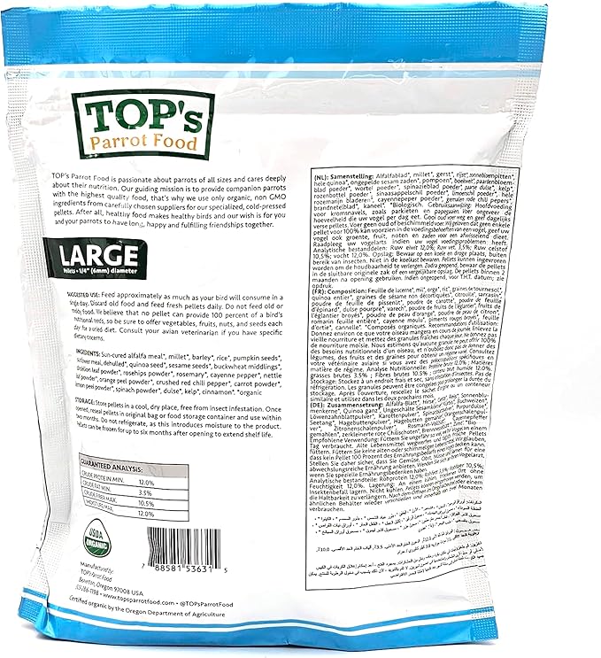TOP's Parrot Food Pellets Hookbills, Small, Medium, Large Birds - Non-GMO, Peanut Soy & Corn Free, USDA Organic Certified - 1 lb / 453 g