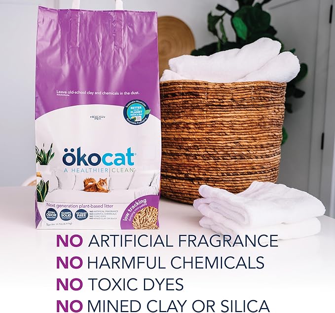 ökocat Less Mess Low Tracking Wood Clumping Cat Litter Mini- Pellets, Unscented, 14 pounds - Natural Ingredients, Stops Odor, Clumps Solid, 99% Dust Free, Great for Long-Hair Breeds